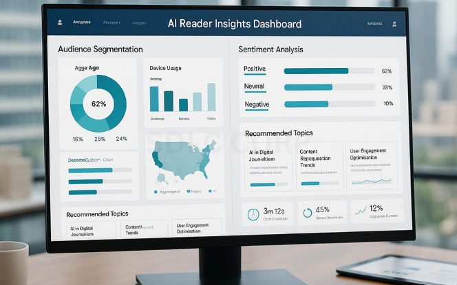 Front-facing monitor showing an AI reader insights dashboard with audience segmentation, sentiment analysis, and personalized content recommendations for publishing platforms.