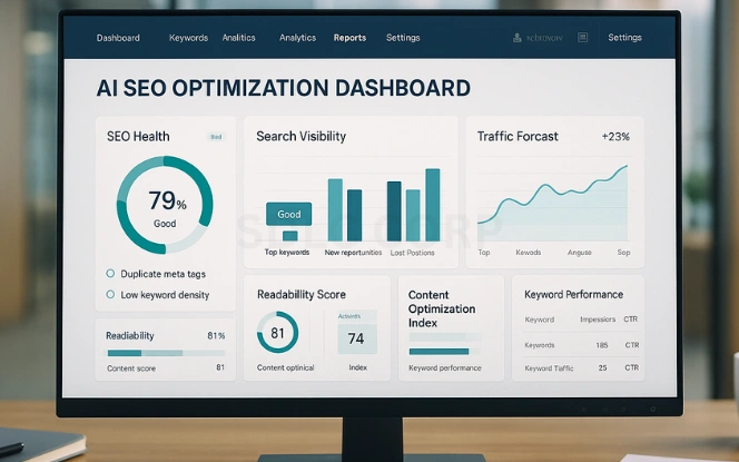 Monitor displaying an AI-powered SEO and metadata optimization dashboard with keyword analysis charts, readability scores, and content performance insights for publishers.