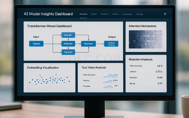 Front-facing monitor showing AI data science dashboard visualizing transformer models, NLP pipelines, and attention mechanisms used in publishing technology.