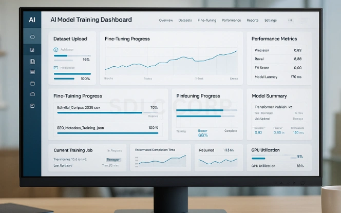 Monitor displaying AI model training dashboard with dataset upload, fine-tuning progress charts, and performance metrics for model customization in publishing.