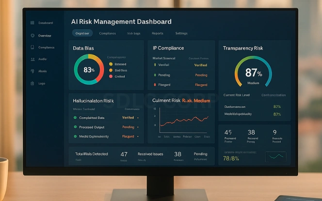 AI risk management dashboard displaying data bias detection, intellectual property compliance checks, hallucination risk analysis, and transparency scoring for publishing systems.