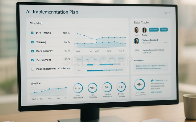 Project management dashboard showing AI implementation steps with task checklist, deployment timeline, and progress tracking for publishing workflows.