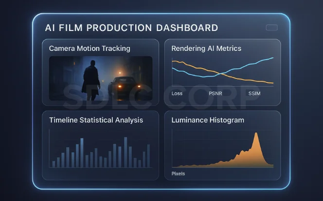  Visualization of an AI film production dashboard displaying camera motion tracking, rendering metrics, and luminance histograms for performance insights. 