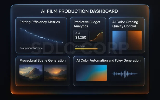  AI film production interface showing editing efficiency, predictive budgeting, procedural scene generation, and color automation for AI for Film and Production workflows. 