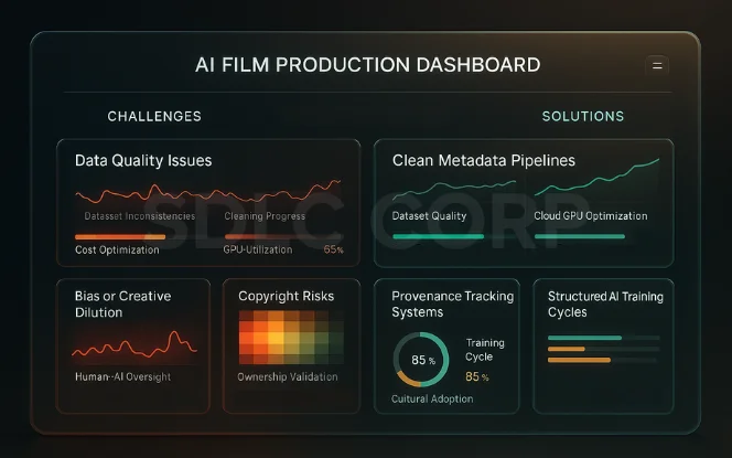  Industrial robots analyzing production data through digital projections to optimize workflows and improve decision-making accuracy. 
