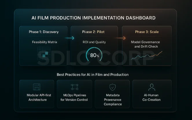  Phased AI implementation dashboard showcasing discovery, pilot, and scale stages with best practices like MLOps and human–AI collaboration. 