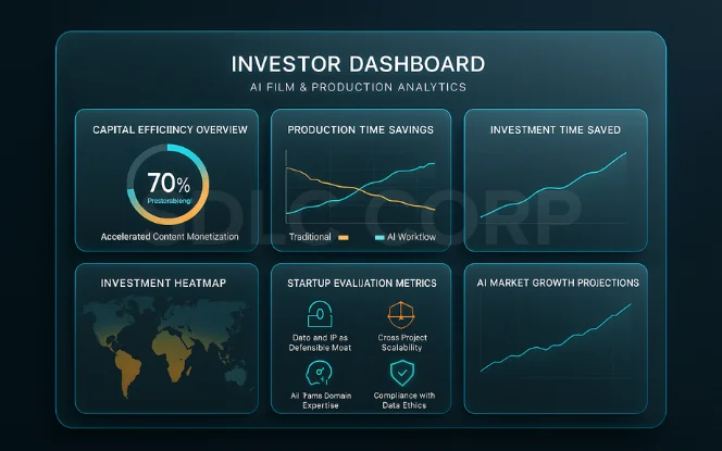  Investor dashboard highlighting production time savings, capital efficiency, and startup evaluation metrics powered by AI for Film and Production analytics. 