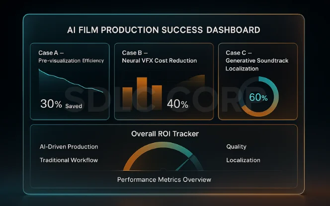  Performance metrics dashboard showing case studies of AI-driven pre-visualization, VFX cost reduction, and soundtrack localization ROI. 
