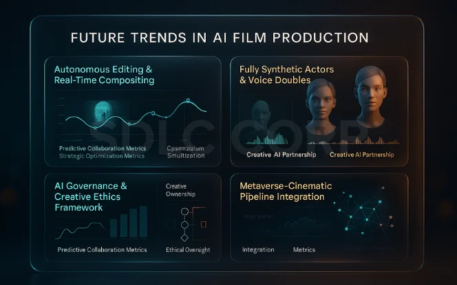  Visual summary of upcoming trends in AI for Film and Production including autonomous editing, synthetic actors, creative ethics, and metaverse integration. 