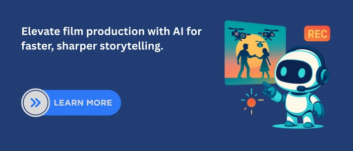 Illustration of an AI robot directing a film scene using drones and digital cameras, symbolizing innovation in AI for Film and Production to enhance storytelling.