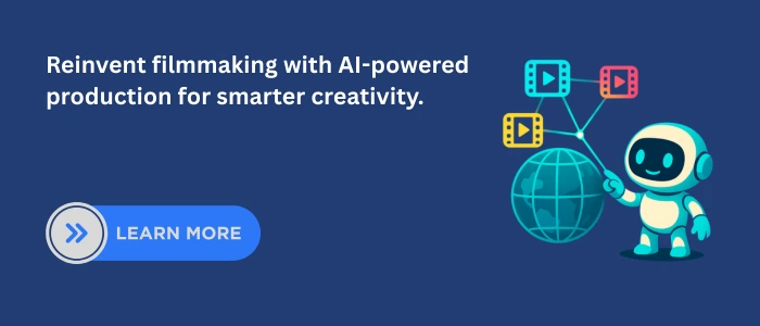 Illustration of an AI robot directing a film scene using drones and digital cameras, symbolizing innovation in AI for Film and Production to enhance storytelling.