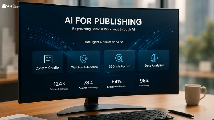 Curved TV showing AI for Publishing dashboard with automation, analytics, and workflow tiles in a modern office with blurred skyline.