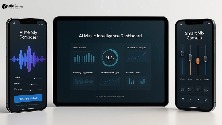 Futuristic AI music dashboard with two smartphones and a tablet displaying melody, mixing, and analytics interfaces on a sleek light background.