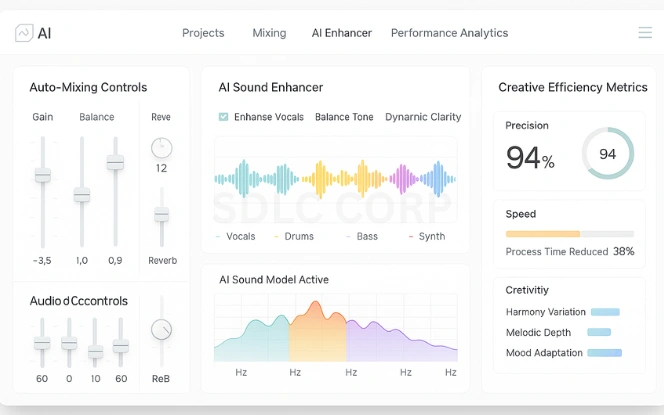 2. Why AI Matters in Music AI music production interface showing auto-mixing, sound enhancement, and creative efficiency metrics