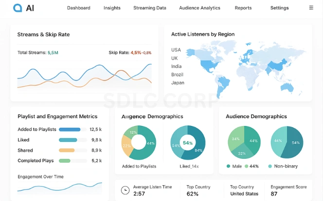 AI Music Analytics AI music analytics dashboard showing streaming insights, listener demographics, and engagement metrics