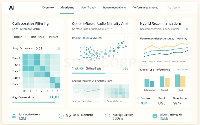 Machine Learning for Music Streaming Dashboard visualizing collaborative filtering, content similarity, and hybrid recommendation metrics