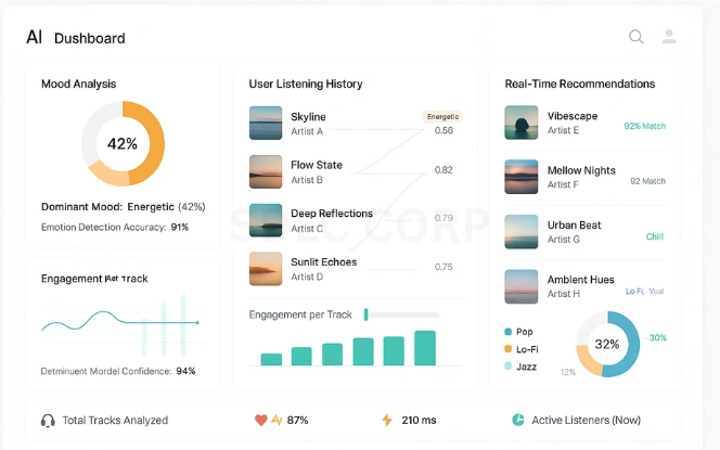 AI Driven Music Recommendation AI-driven music recommendation dashboard showing mood analysis, listening history, and real-time song suggestions