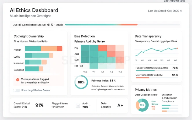 Ethical Issues in AI Music AI ethics dashboard showing copyright tracking, bias detection, transparency metrics, and privacy compliance