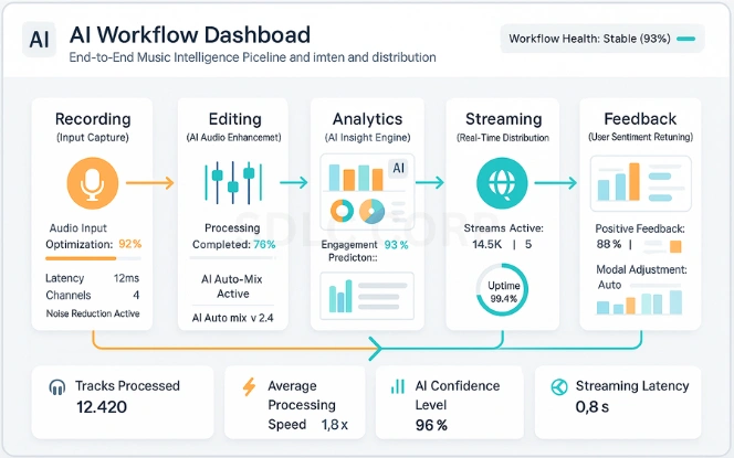 Integration and Workflow AI workflow dashboard showing Recording, Editing, Analytics, Streaming, and Feedback stages
