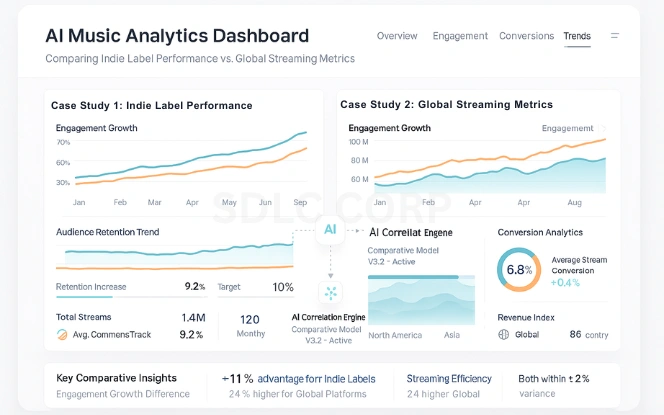 Case Studies AI music analytics dashboard comparing indie label and global streaming case studies with trend and conversion data