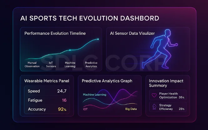  Dashboard visualization showing the evolution of sports technology using AI, with performance timelines, predictive analytics, and wearable sensor data. 