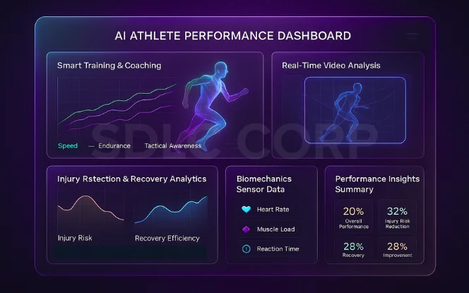  AI-powered sports performance dashboard featuring real-time motion tracking, recovery analytics, and biomechanics metrics for AI innovation. 