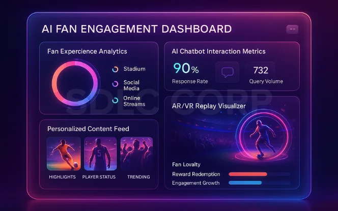 Dashboard displaying AI fan engagement insights such as chatbots, AR/VR replays, and personalized content analytics to enhance sports experience. 