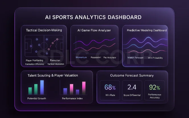  Comprehensive AI analytics dashboard for sports showing player scouting, predictive modeling, and tactical decision-making data for AI development. 