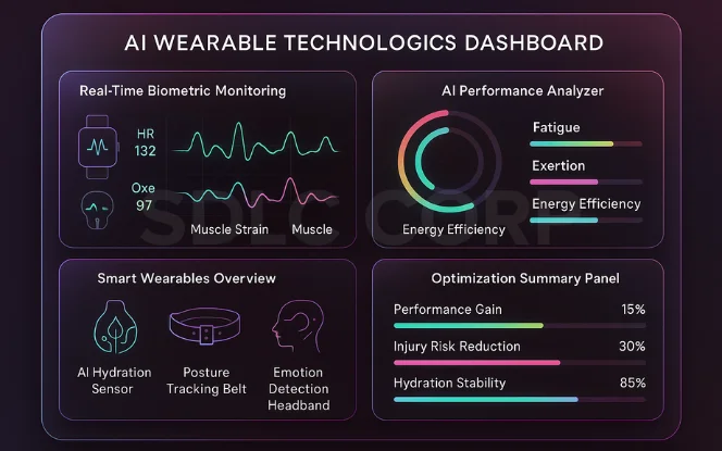  AI dashboard for wearable sports devices with biometric monitoring, fatigue tracking, and optimization summaries. 