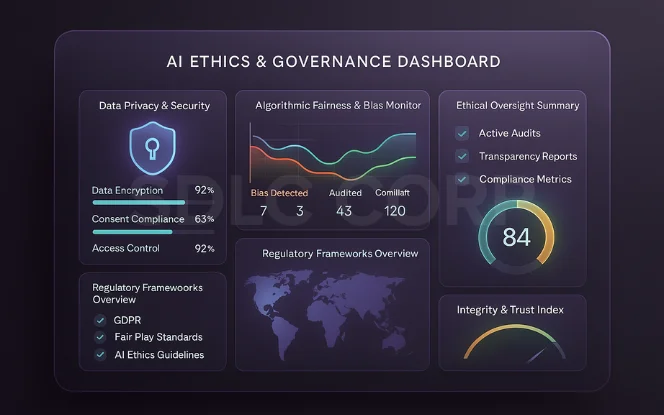  Ethics and compliance dashboard for AI in sports featuring data privacy metrics, algorithmic fairness, and regulatory frameworks. 