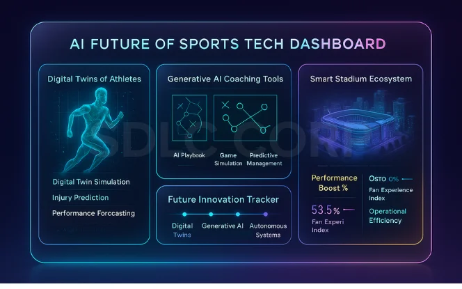  Visualization of future trends in AI, including digital twins, generative AI coaching tools, and smart stadium ecosystems. 