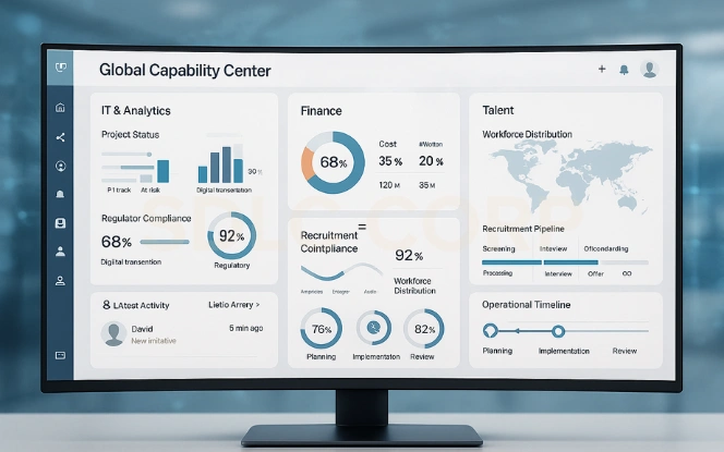 Understanding the Concept of a Global Capability Center Realistic GCC management dashboard showing integrated analytics, finance, talent, and operations modules.