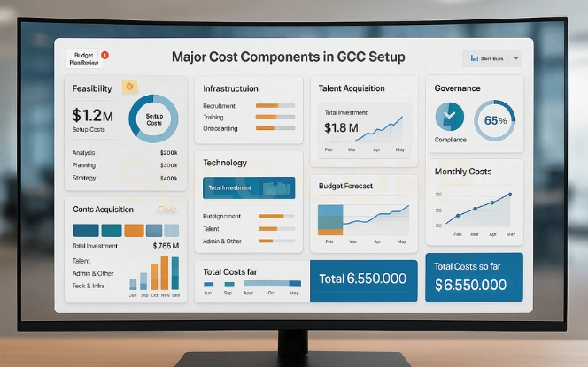Major Cost Components in GCC Setup Financial dashboard mock-up showing GCC setup cost components including feasibility, infrastructure, and governance analysis.