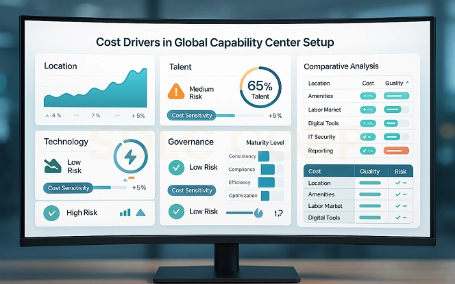 Cost Drivers in Global Capability Center Setup Professional GCC analytics dashboard showing key cost drivers such as location, talent, technology, and governance.
