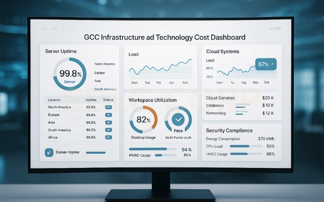 GCC Infrastructure and Technology Cost Dashboard Front-facing GCC infrastructure monitoring dashboard showing server uptime, workspace utilization, and security compliance.