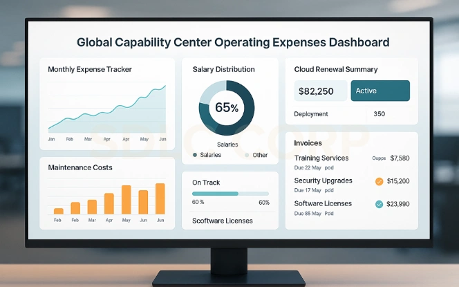 Global Capability Center Operating Expenses Dashboard AI-powered GCC operations expense dashboard displaying cost trends, maintenance breakdown, and predictive spending analysis.