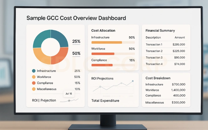 Sample GCC Cost Overview Dashboard Financial summary dashboard mock-up showing GCC cost allocation across infrastructure, workforce, and compliance segments.