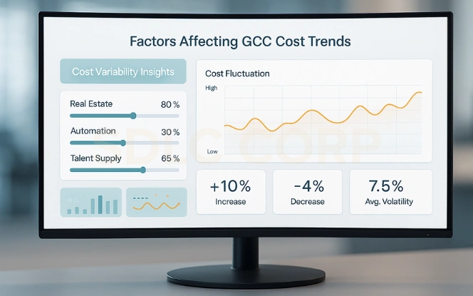 Factors Affecting GCC Cost Trends Dashboard AI cost analysis dashboard showing cost variability insights with sliders for automation, talent, and real estate.
