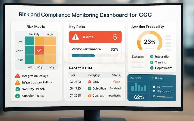 Risk and Compliance Monitoring Dashboard for GCC GCC risk management dashboard displaying compliance alerts, risk matrix, and attrition probability analytics.