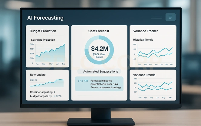 Reducing Uncertainty in GCC Cost Estimates Dashboard AI forecasting dashboard mock-up showing modules for budget prediction, cost forecast, and variance tracking.