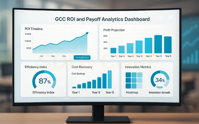 GCC ROI and Payoff Analytics Dashboard ROI analytics dashboard showing efficiency, innovation metrics, and profit projections for GCC performance.