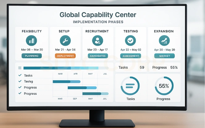 Global Capability Center Implementation Phases Dashboard Project roadmap dashboard mock-up showing GCC implementation phases such as feasibility, setup, and expansion.