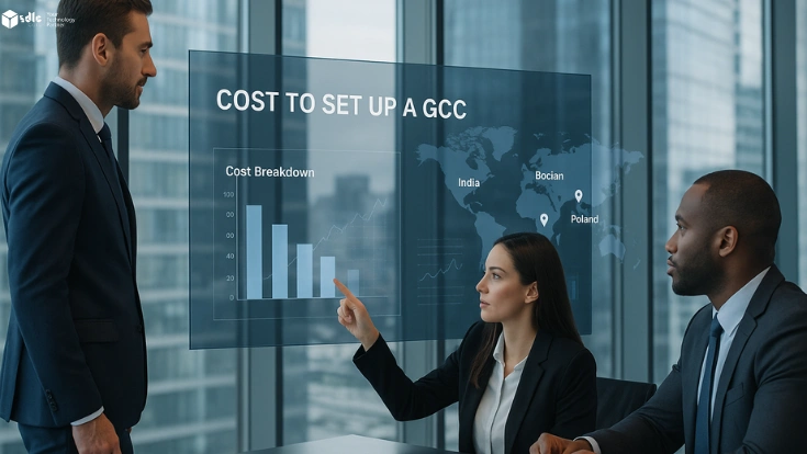 A diverse team of business professionals in formal attire discussing financial data for setting up a Global Capability Center (GCC) in a modern glass office with digital screens displaying cost breakdowns and global locations.