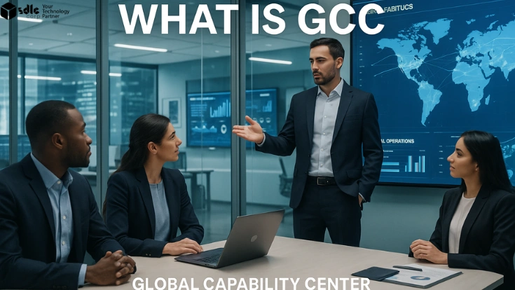 A business meeting in a modern office where diverse professionals discuss global operations displayed on a digital world map screen with the title “What is GCC”.