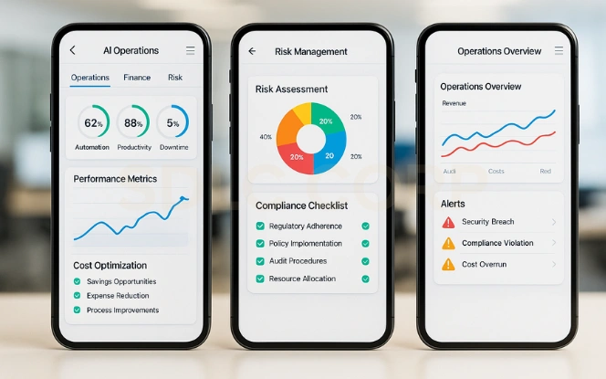 Role of GCC in Business Operations AI operations dashboard showing risk management, automation, and global performance indicators for GCCs.