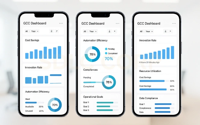 Benefits of a Global Capability Center GCC performance dashboard displaying innovation rates, efficiency metrics, and compliance performance.