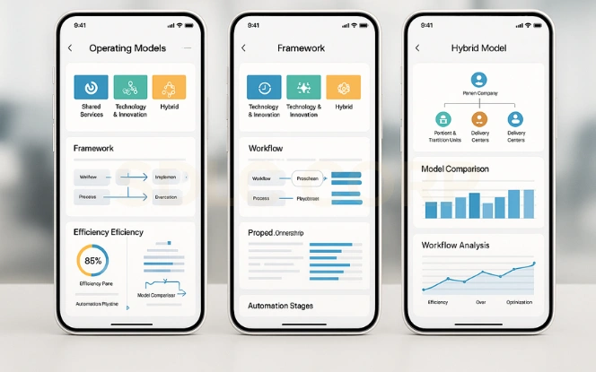 GCC Operating Model Dashboard showing Shared Services, Hybrid, and Center of Excellence models for Global Capability Centers.
