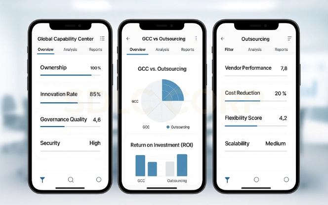 GCC vs Outsourcing Comparison dashboard showing key differences in ownership, governance, and ROI between GCC and outsourcing models.