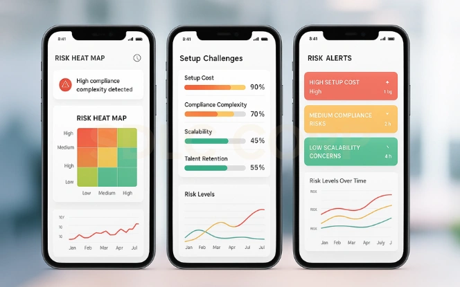 Challenges in Setting Up a Global Capability Center Risk management dashboard showing compliance issues, scalability challenges, and cost alerts in GCC setup.