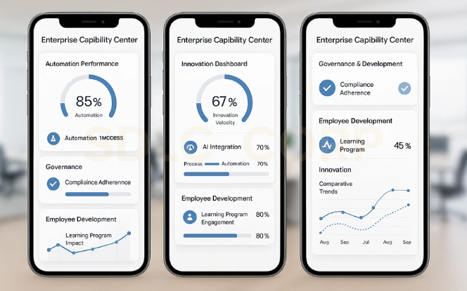 Best Practices for Successful Global Capability Centers Enterprise Capability Center dashboard showing automation, employee development, and governance metrics.